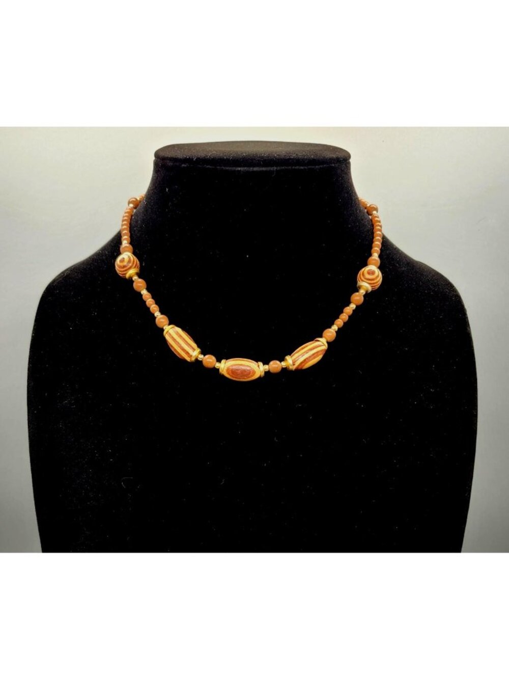Vintage-Inspired Handcrafted Beaded Necklace With Striped Wooden Beads & Gold Ac